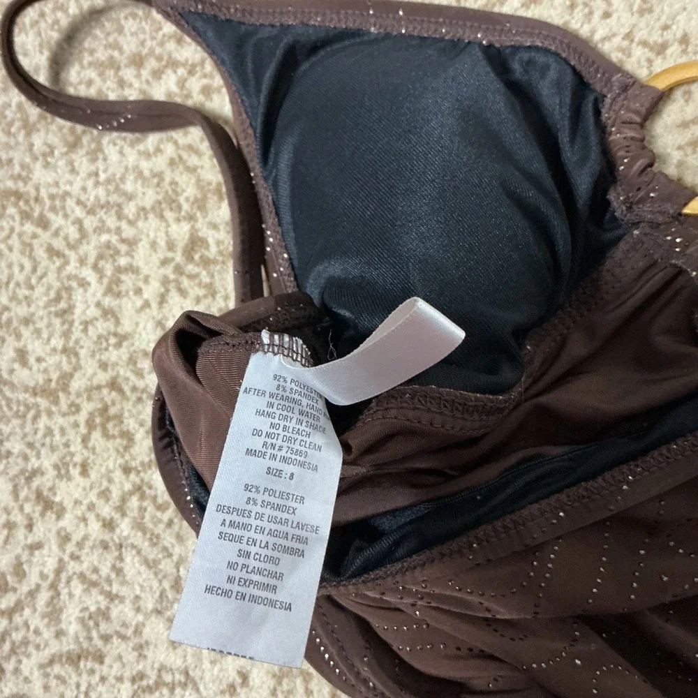 Ocean Dream Glitter Swirl Tankini Swim Top Womens 8 Brown Gold Ring Adjustable